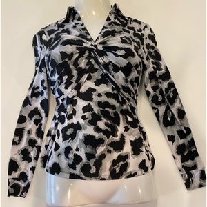 Cache Animal print women blouse, gray black stretch long sleeve